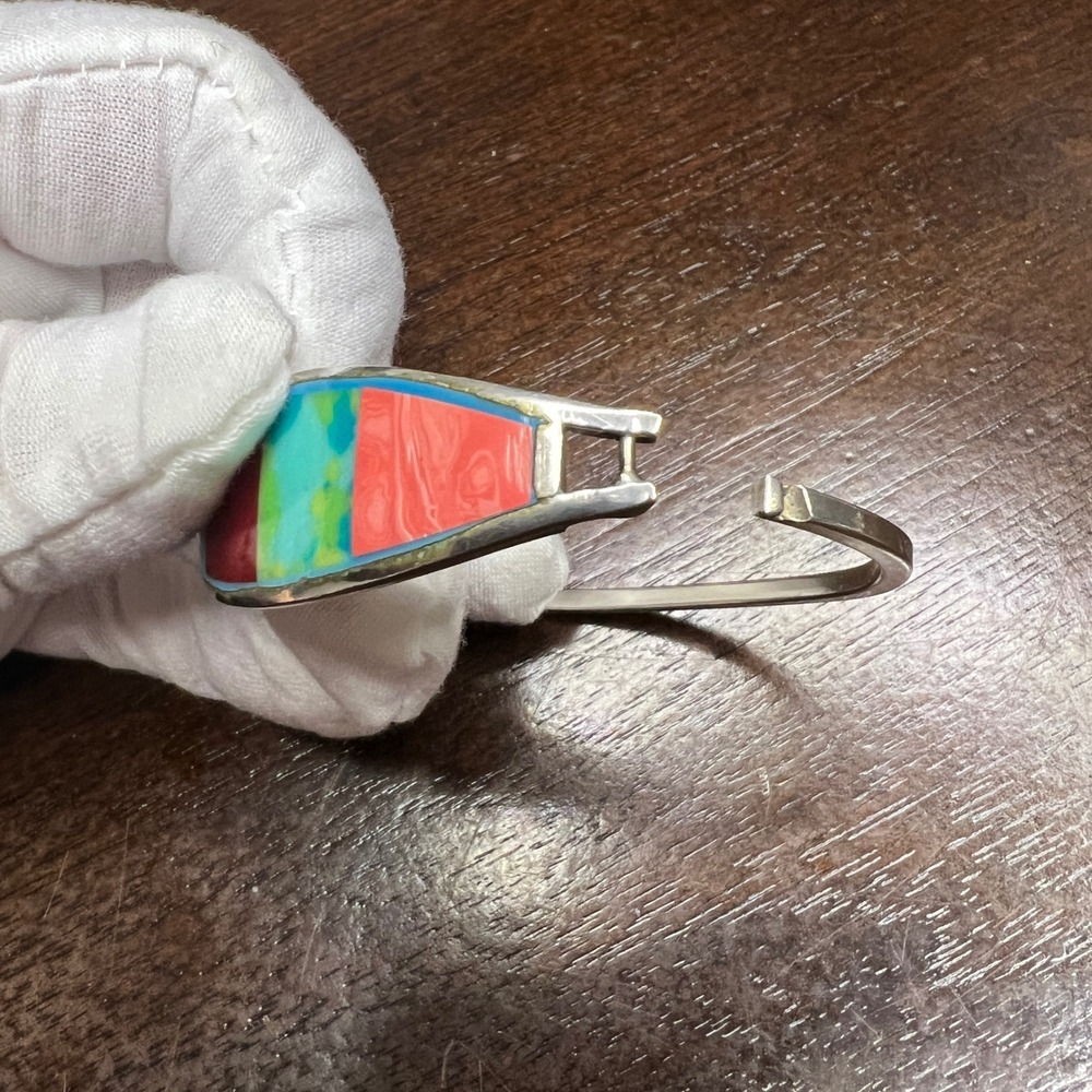 Vintage Alpaca Mexico Bangle Bracelet Multi Color Enamel Silver Tone 7.2 in - Picture 4 of 15